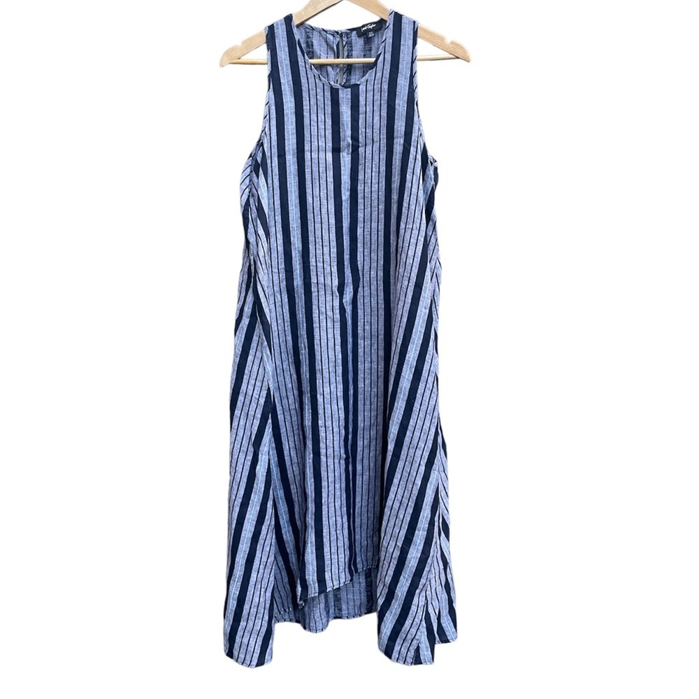 Lord & Taylor 100% linen striped dress blue navy a line